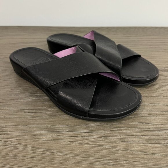 FITFLOP Women's Black Leather Criss Cross Slide Sandals - Size 6 - Picture 1 of 8